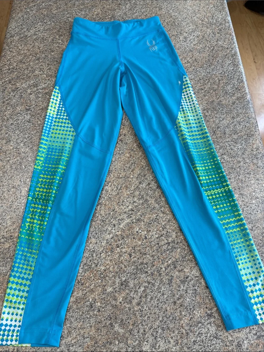 Spyder Teal Girls' Athletic Leggings with Green Accent Panels size small/medium